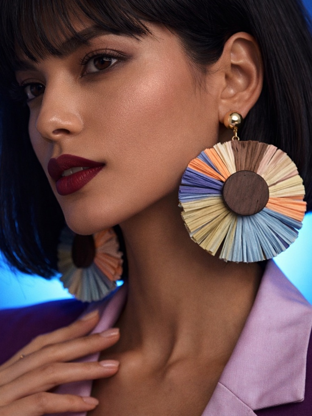 Multicolor Raffia Circle Drop Earrings with Gold Stud